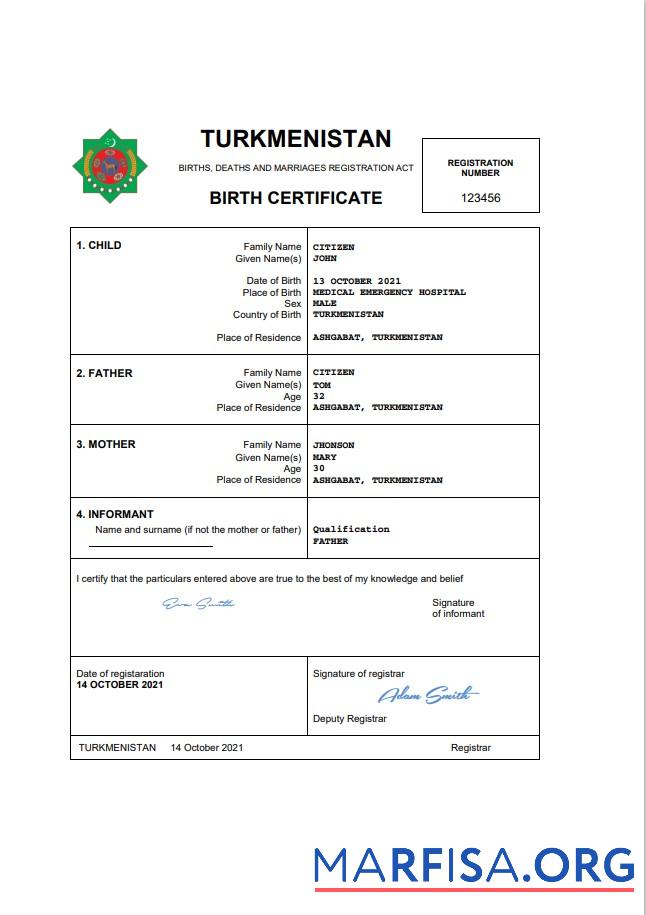 Downloadable Turkmenistan vital record birth certificate Word and PDF template